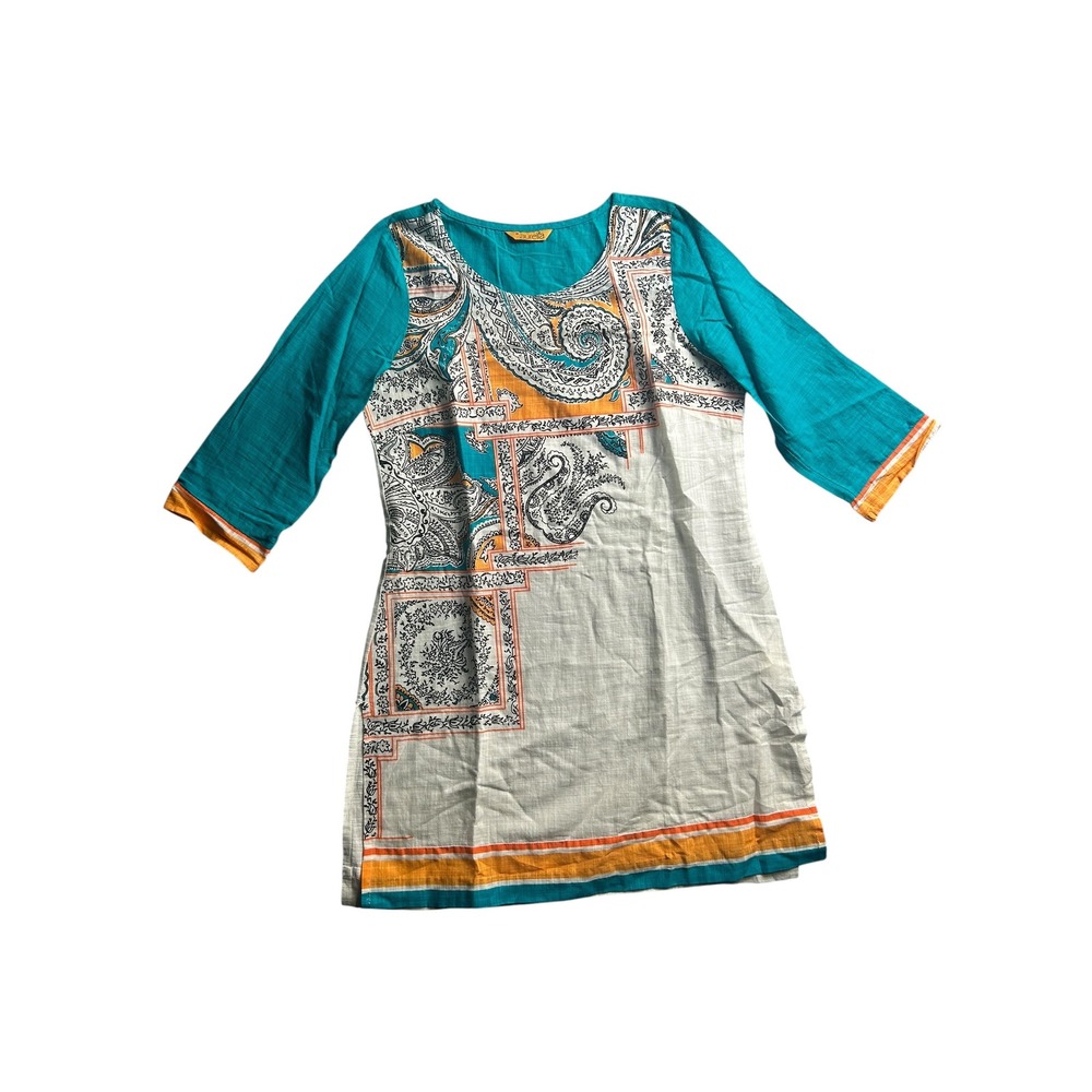 Aurelia Womens Kurti Tunic Top Teal Orange Paisley Print 3/4 Sleeve Size S